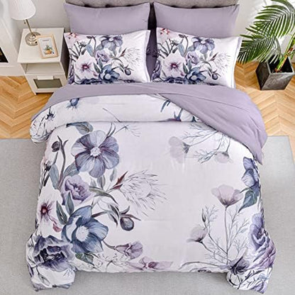 Luxudecor Floral Comforter Set Full Size 7 Piece, Purple Flower Bed in a Bag, Elegant Floral Comforter with Sheet Set, Soft Microfiber Bedding Set for All Season (Purple, 80"x90")