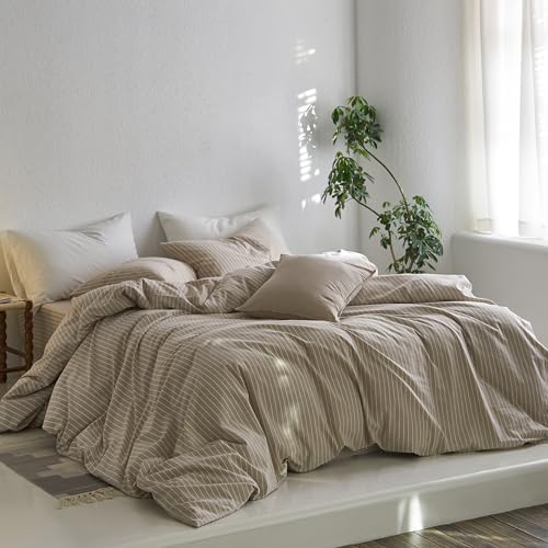 MooMee Striped Duvet Cover Set 100% Washed Cotton Linen Like