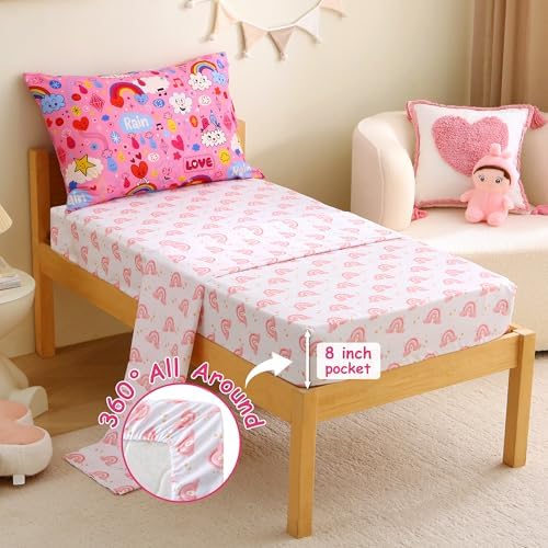 Mooreeke Toddler Bedding Sets for Girls,4 Pieces Pink Rainbow Cloud