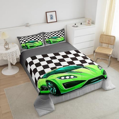 Racing Car Comforter Set, Cool Speed Race Car Down Comforter Full for Kids Boys Girls Teens Bedroom, Automobile Extreme Sport Bedding Set Plaid Checkered Duvet Sets with 2 Pillowcases, Grey Green
