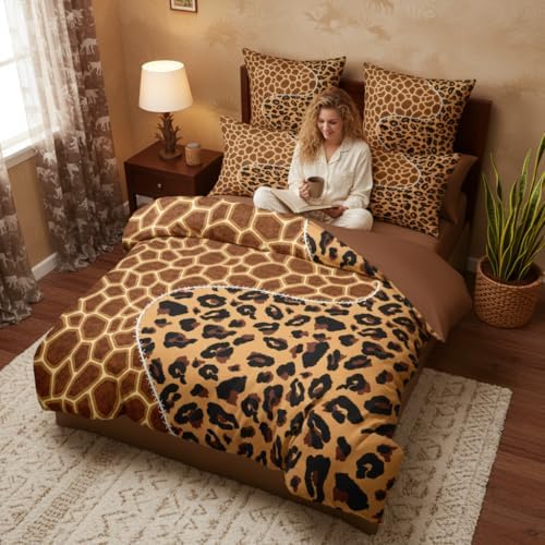 CCoutueChen Leopard Giraffe Comforter Set, Brown, King, 3 Piece
