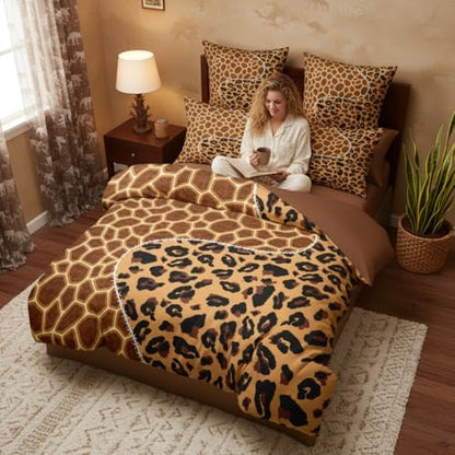 CCoutueChen Leopard Giraffe Comforter Set, Brown, King, 3 Piece