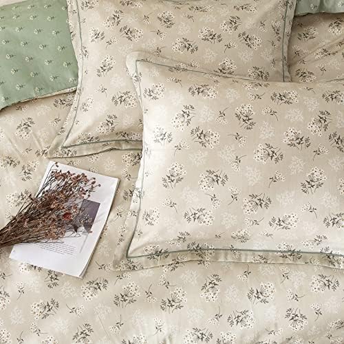 mixinni Duvet Cover Set Floral King Size Soft Cotton Bedding Flower Green Leaves on Beige Comforter Cover Set (1 Duvet Cover+ 2 Pillowcases) for Her and Him-Easy Care, Soft and Durable King Size
