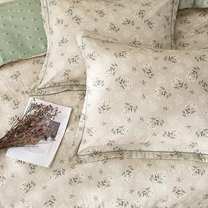 mixinni Duvet Cover Set Floral King Size Soft Cotton Bedding Flower Green Leaves on Beige Comforter Cover Set (1 Duvet Cover+ 2 Pillowcases) for Her and Him-Easy Care, Soft and Durable King Size