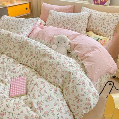 VM VOUGEMARKET Vintage Pink Floral Duvet Cover Queen Cotton Garden Flower Duvet Cover for Teen Girls Reversible Cute Pink White Bedding Set