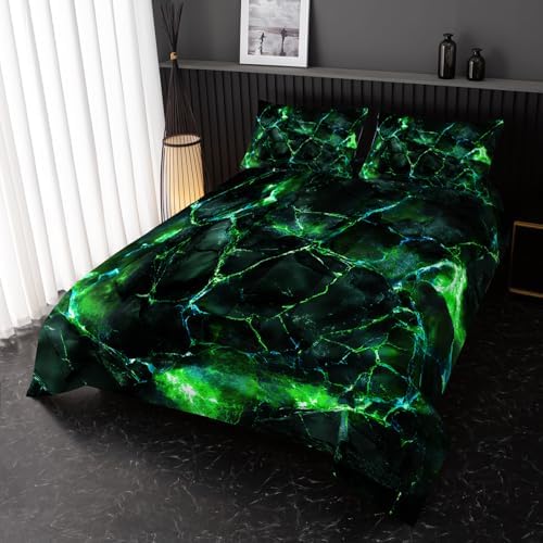 Nttopship Green Comforter Set King Size，Green Marble Bedding Set 3 Pcs Bedding for Adults, Marble Room Decor with Comforter and 2 Pillowcases Soft and Lightweight B-Side Black
