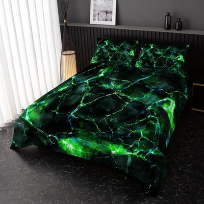 Nttopship Green Comforter Set Full Size，Green Marble Bedding Set 3 Pcs Bedding for Adults, Marble Room Decor with Comforter and 2 Pillowcases Soft and Lightweight B-Side Black