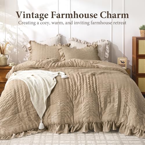JOLLYVOGUE Khaki Oversized Queen Comforter Set,3pcs Seersucker Bed Set