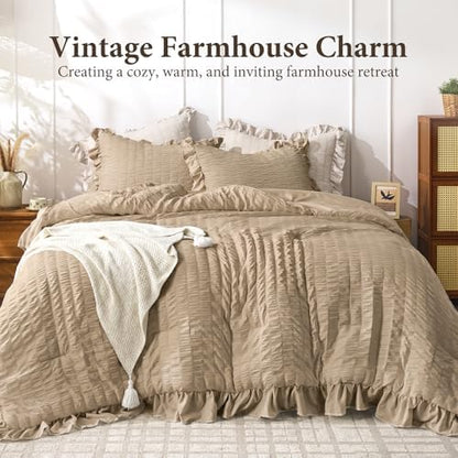 JOLLYVOGUE Khaki Oversized Queen Comforter Set,3pcs Seersucker Bed Set