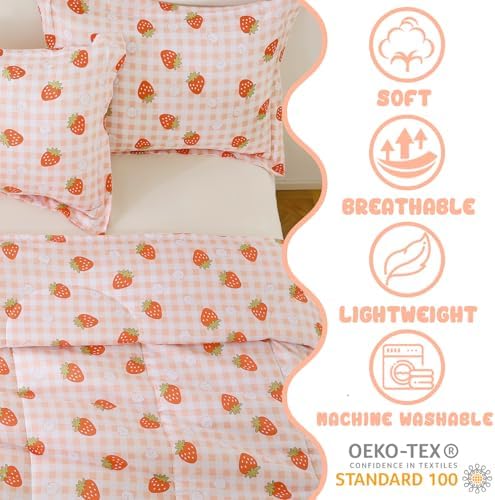 Yibeizi Strawberry Comforter Set Full Size Girls Gingham Bedding