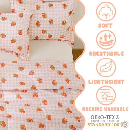 Yibeizi Strawberry Comforter Set Twin Size Girls Gingham Bedding