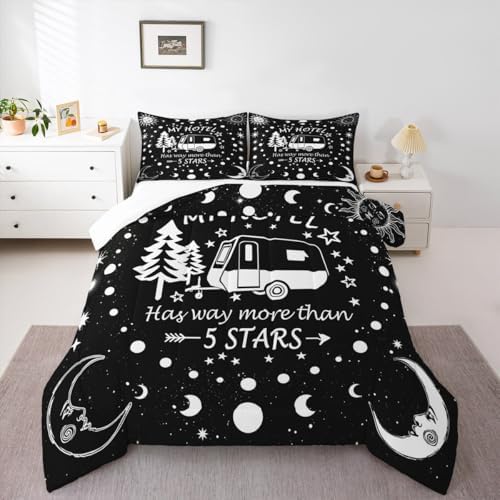 Happy Camping Comforter Set Full Size,Camper RV Trailer Decor Bedding Set 3pcs for Kids Boys Girls Adults,Sun Moon Starry Sky Romantic Down Comforter,Black White Unique Duvet Insert,2 Pillowcases