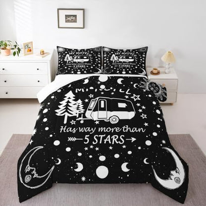 Happy Camping Comforter Set Full Size,Camper RV Trailer Decor Bedding Set 3pcs for Kids Boys Girls Adults,Sun Moon Starry Sky Romantic Down Comforter,Black White Unique Duvet Insert,2 Pillowcases