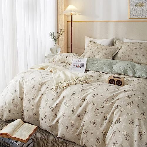 LifeTB Boho Floral Duvet Cover Full Cotton Aesthetic Floral Bedding Sets Full Vintage Garden Floral Comforter Cover Beige Sage Green Floral Botanical Duvet Cover with Zipper Closure 4 Ties