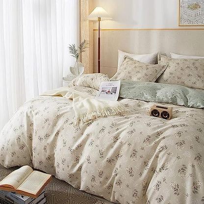 LifeTB Boho Floral Duvet Cover Full Cotton Aesthetic Floral Bedding Sets Full Vintage Garden Floral Comforter Cover Beige Sage Green Floral Botanical Duvet Cover with Zipper Closure 4 Ties