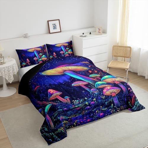 jejeloiu Cute Mushroom Comforter Set King Size Kids Cartoon Mushrooms Bedding Set Boys Girls Kawaii Fungus Decor Duvet Breathable Starry Night Sky Quilt Bedroom Decor,1 Comforter with 2 Pillowcase