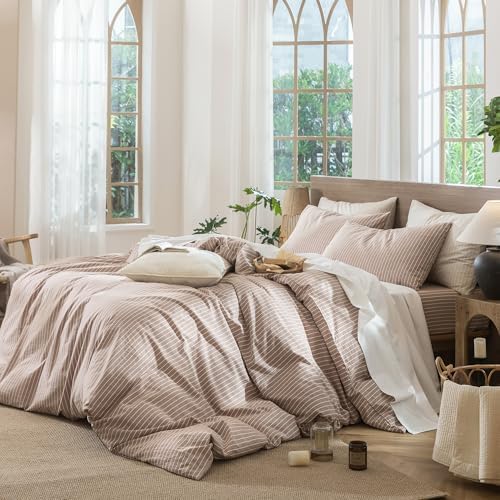 MooMee Striped Duvet Cover Set 100% Washed Cotton Linen Like Super King