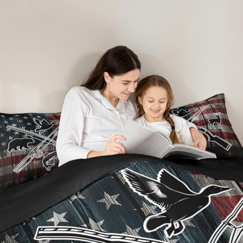 Homewish Retro American Flag Comforter Set King Size,Hunting and Fishing Bedding Set,Duck Deer Bear Bass Fish Wild Animals Theme Quilt Set for Kids Boys Men Teens Room Decor,Rustic Duvet Insert 3Pcs