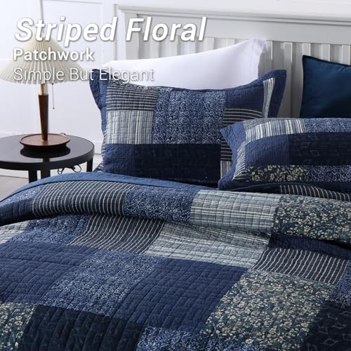 Yvooxny Quilts King Size Reversible Lightweight Bedspread 3-Piece Quilt Set Plaid Floral Patchwork 100% Cotton King Quilt Set Bedding Set with Pillow Shams for All Seasons, Azure Blue, 98x106''