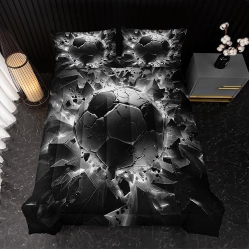 Nttopship Soccer Bedding Comforter Set Twin Size for Kids Teens and Adults, Black and White Football Printed Bedding Sets 3 PCS,Ball Sports Themed Bedroom Decor with 1 Comforter and 2 Pillowcases