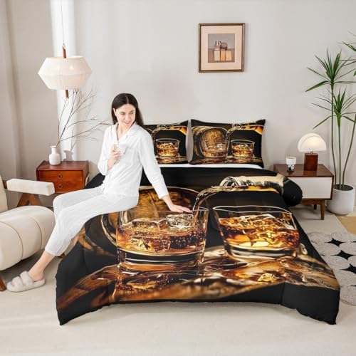 Whisky Drinks Kids Comforter Set Twin Size,Whiskey Malt Liquor Drinking Modern Bedding Set,Girls Boys Room Decor,Bar Beer Glass Quilt Comforter,Western Fashion Duvet Insert,1 Pillowcase
