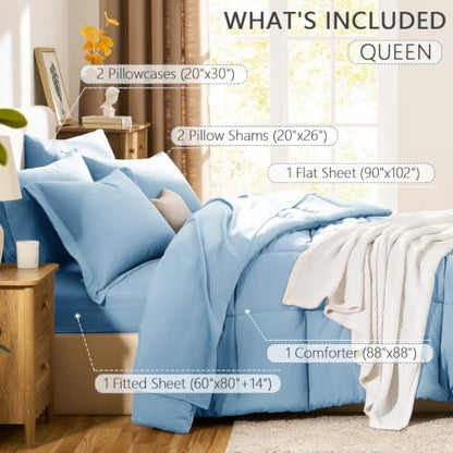 CozyLux Queen Comforter Set, 7-Piece Bed in a Bag, Baby Blue