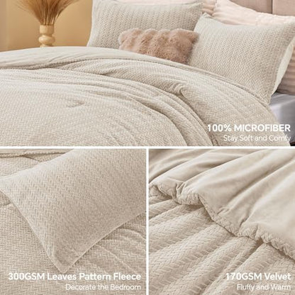 ChiXpace Fleece King Size Comforter Set Linen, Fluffy Bed Set 3 Pieces