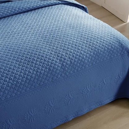 MarCielo 3-Piece 100% Cotton Oversized Bedspread Lightweight Quilt Coverlet Embroidery Farmhouse Bedding Set (TM Midtone Blue, Oversized King (118"x106"))