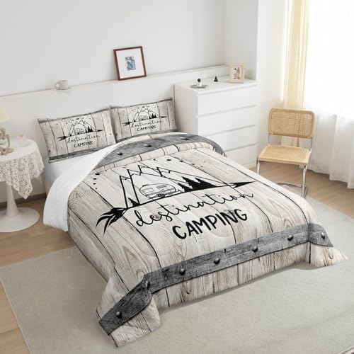 Happy Camping Car Comforter Set Full Size,RV Camper Trailer Decor Bedding Set 3pcs for Kids Boys Girls Adults,Vintage Wooden Plank Cabin Down Comforter,Rustic Farmhouse Duvet Insert,2 Pillowcases