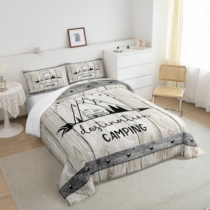 Happy Camping Car Comforter Set Full Size,RV Camper Trailer Decor Bedding Set 3pcs for Kids Boys Girls Adults,Vintage Wooden Plank Cabin Down Comforter,Rustic Farmhouse Duvet Insert,2 Pillowcases