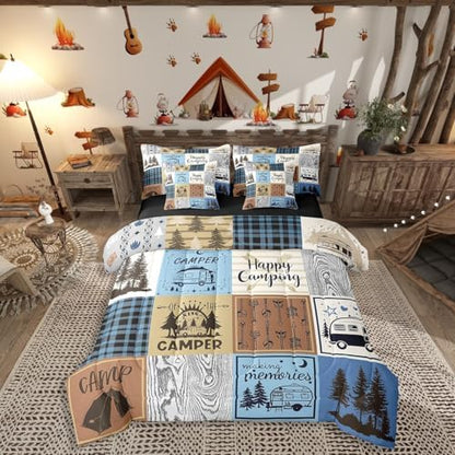 Erosebridal Happy Camping Bedding Set Full Rv Camper Comforter Set 7 Piece for Travel Trailers Bunks,Rustic Buffalo Plaid Pine Trees Camper Car Decor Bed in A Bag Rv Accessories for Inside Bed Set