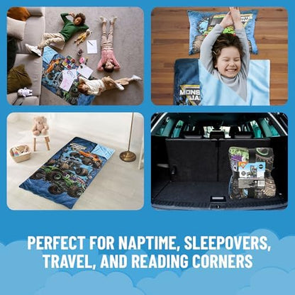Jay Franco Kids Slumber Bag and Pillow - 54 x 27 Inch Comfy Indoor Sleeping Bag for School and Sleepovers, 2 Piece Set, Blue - Monster Jam