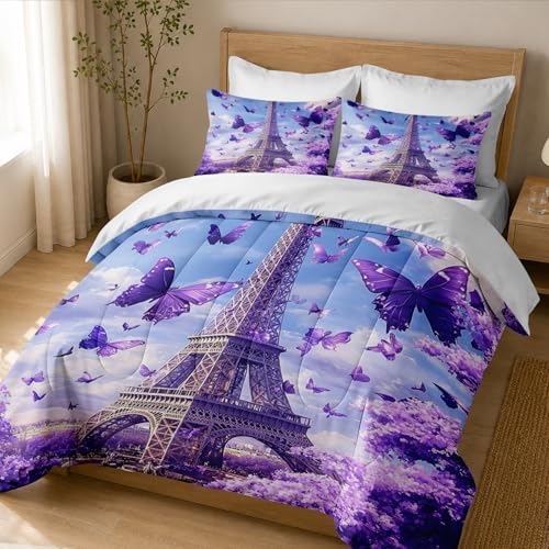 CCoutueChen Paris Comforter Set King Size, Romantic Bedding with Purple Butterfly Floral Bedroom Decor, 3 Pcs 2 Pillowcases, 104"x90"