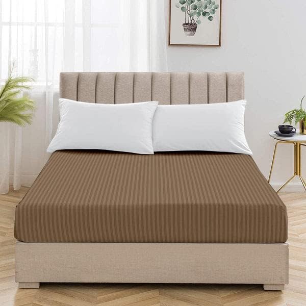 1 Piece Queen Size Fitted Sheet Only, 15-Inch Deep Mattress, Taupe Stripe