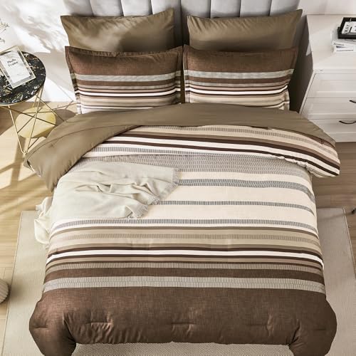 Dobuyly Brown Comforter Set Queen Size 7 Piece, Boho Striped Bed in a Bag Queen Soft Microfiber Chocolate Brown Bedding Sets with Comforter, Sheets, Pillowcases & Shams All Season