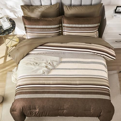 Dobuyly Brown Comforter Set Queen Size 7 Piece, Boho Striped Bed in a Bag Queen Soft Microfiber Chocolate Brown Bedding Sets with Comforter, Sheets, Pillowcases & Shams All Season