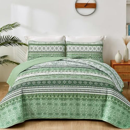 WONGS BEDDING Boho Queen Quilt Bedding Set, 3 Pieces Bedspread, Light Green