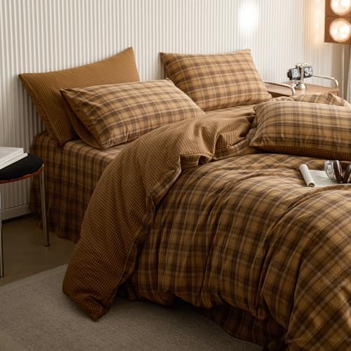 LifeTB Vintage Buffalo Plaid Duvet Cover Set Full Size, Soft 100% Washed Cotton Gingham Bedding Set with Mustard Yellow&Brown Grid, Breathable Farmhouse Gingham Duvet Cover with 2 Pillowcases