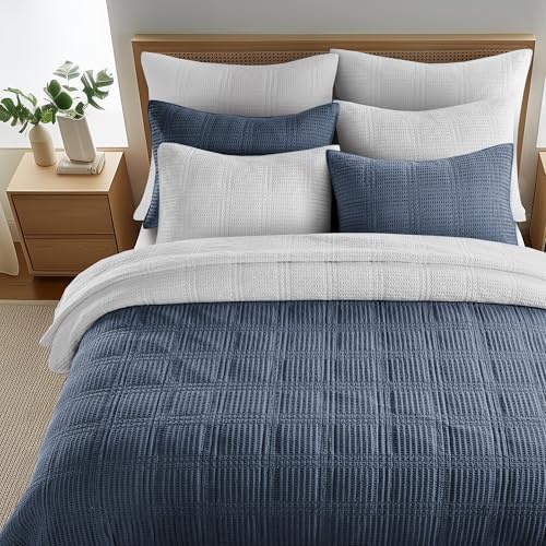 Levtex Home Cloud Waffle King/Cal King Quilt Set (106x92in) and 2 Pillow Shams (36x20in) - Box Quilted Waffle Cotton Texture - Navy - Cotton King Size Quilt Bedding Set - Lightweight Soft Pre-Washed