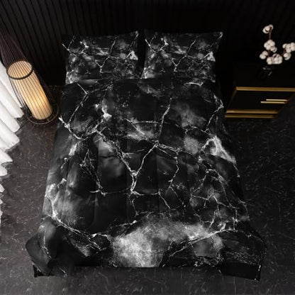 Nttopship Black and White Comforter Set Full Size，Black and White Marble Bedding Set 3 Pcs Bedding for Adults, Marble Room Decor with Comforter and 2 Pillowcases Soft and Lightweight