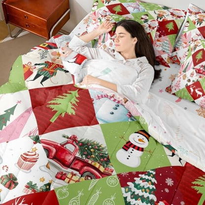 Erosebridal Xmas Patchwork 7 Piece Bedding Set King Kawaii Cartoon Comforter Set with Sheets Cute Christmas Deer Snowman Truck Bed in a Bag Pink Green Tree Snowflakes Bed Sets Comforter