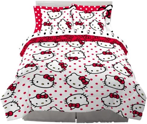 Hello Kitty Polka Dot Bedding 7 Piece Super Soft Comforter and Sheet Set with Sham, Full, (Official Licensed Product) by Franco Collectibles