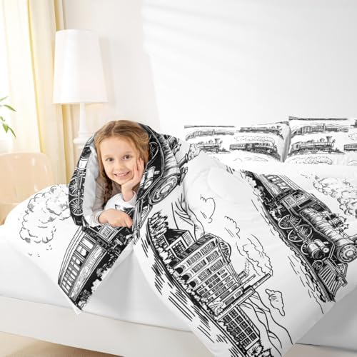 Manfei Train Comforter Set - Twin Size Retro Steam Locomotive Down Comforter with 1 Pillowcase - Vintage Train Bedding Set 2pcs for Kids Boys Adults Bedroom Decor - Lightweight Duvet Insert