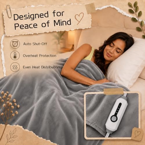 ReyyNio Electric Heated Blanket Twin Size 62"x84", 10H Auto-Off, Light Gray