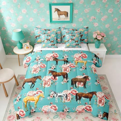 Erosebridal Kids Horse Queen Comforter Set 7 Pieces, Chic Retro Floral Bed in A Bag, Galloping Horse Printed Bedding Set with Comforters, Sheets, Pillowcases Farm Animal Bedroom Decor