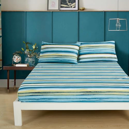 Chezmoi Collection 4-Piece Lodge Striped Sheet Set Queen - Multicolor Green Blue White Striped Printed Brushed Microfiber Lightweight Breathable Deep Pocket Bed Sheets