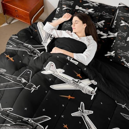 Erosebridal Boys Cartoon Airplane Queen Bed in A Bag, Modern Aircraft Comforter Set with Sheets, Black and White 7 Pcs Bedding Set, Aviation Theme Bed Sets for Kids Men Bedroom Decor