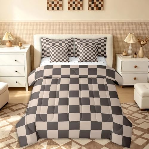 Feelyou Checkered Retro 7 Piece Bedding Set Teen Women Men Gradient Brown Plaid Comforter Set with Sheets Twin Size Kids Boys Geometric Vintage Bed in a Bag Modern Simple Groovy Aesthetic Room Decor