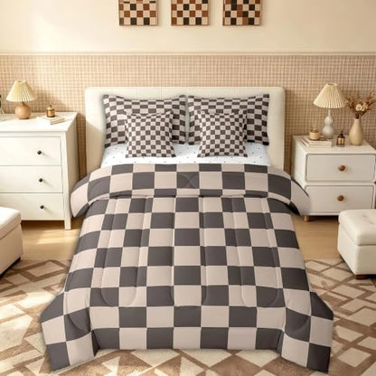 Feelyou Checkered Retro 7 Piece Bedding Set Teen Women Men Gradient Brown Plaid Comforter Set with Sheets Twin Size Kids Boys Geometric Vintage Bed in a Bag Modern Simple Groovy Aesthetic Room Decor