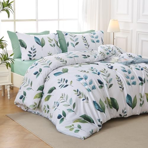 MUXHOMO Grey Green Foliage Bed in a Bag King 7 Pieces, King Comforter Set Reversible Botanical Flowers Design, Ultra Soft & Breathable Bedding Sets with Comforter, Sheets, Pillowcases & Shams